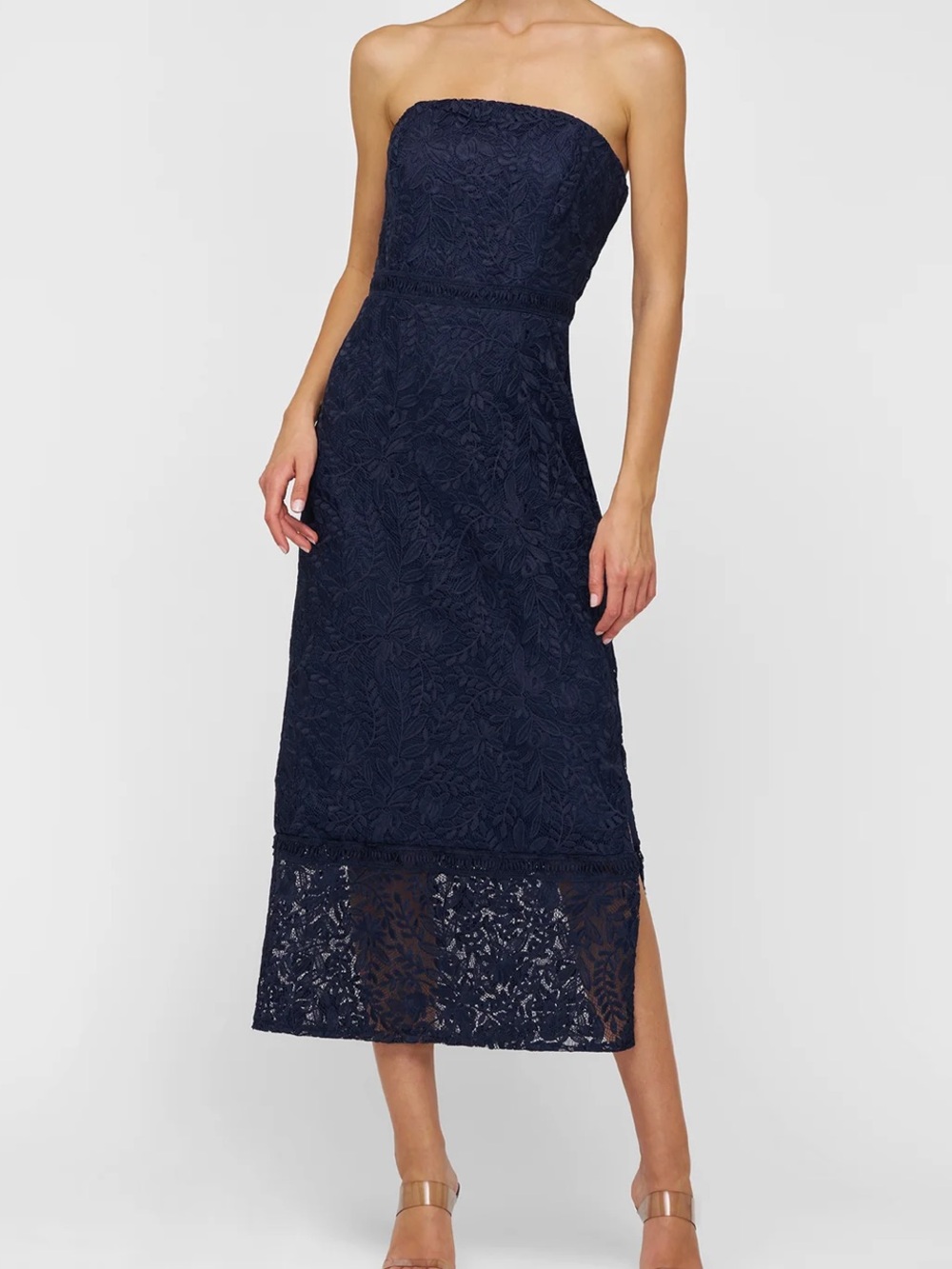Kay Unger Gia Strapless Lace Tea Length Midi Dress Midnight Blue Size 6